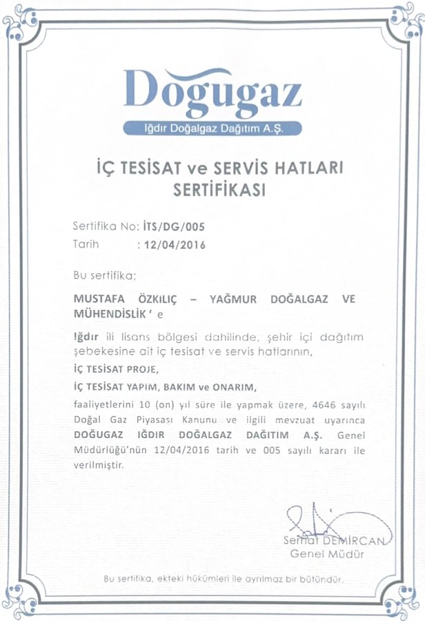 Doğugaz iç tesisat ve servis hatları sertifikası